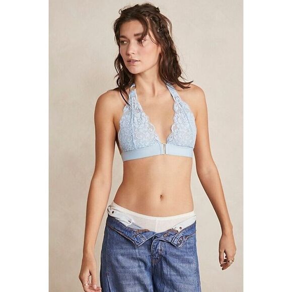 HAH by Free People Groupie Bralette Bra Small French Blue Lace Halter Neck NEW‎ - Picture 1 of 8